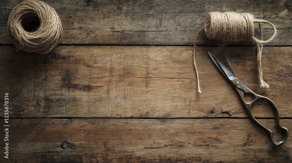 Poster a neat arrangement of scissors and twine on textured wood, with soft, natural lighting and a space f
