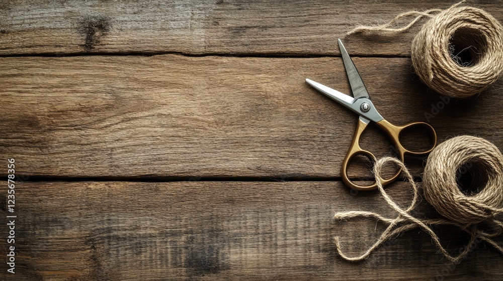 Poster a neat arrangement of scissors and twine on textured wood, with soft, natural lighting and a space f