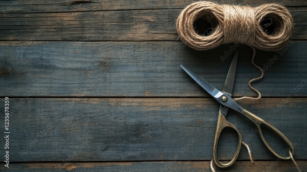 Poster a neat arrangement of scissors and twine on textured wood, with soft, natural lighting and a space f