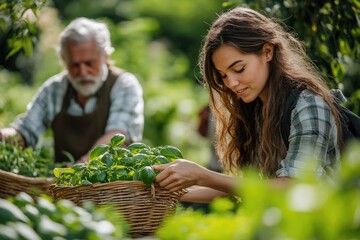 Obraz premium Farmers harvesting fresh basil in garden on sunny day