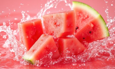 Fresh watermelon cubes splashing in water