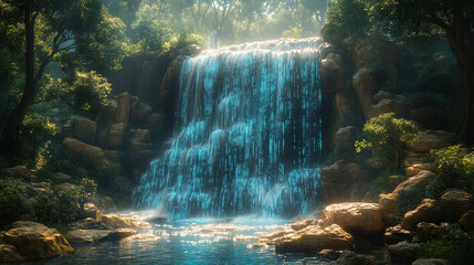 Glowing Binary Waterfall with Digital Textures in Surreal Nature