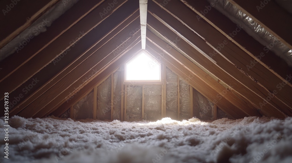 Poster a partially constructed attic with insulation visible and soft natural light coming through a skylig