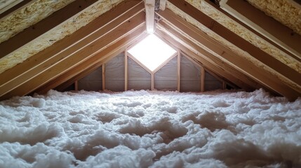 A partially constructed attic with insulation visible and soft natural light coming through a skylight, offering a glimpse of the future finished space