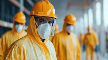 A group of workers in yellow safety gear and masks stands in an industrial setting, emphasizing safety and health precautions.