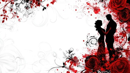 Romantic couple silhouette, red roses, abstract background; wedding invitation