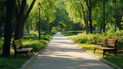 Obraz premium Sunlit park pathway with benches, surrounded by lush green trees and plants