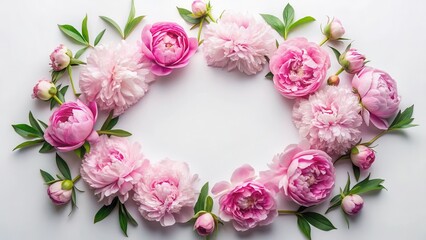 Delicate pink peony flowers arranged in a circular pattern on a soft white background