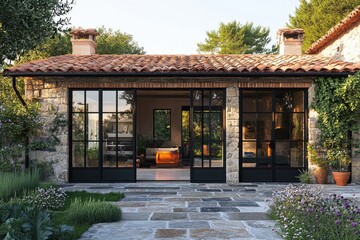 Obraz premium Modern sliding patio doors opening onto stone patio in tuscan farmhouse