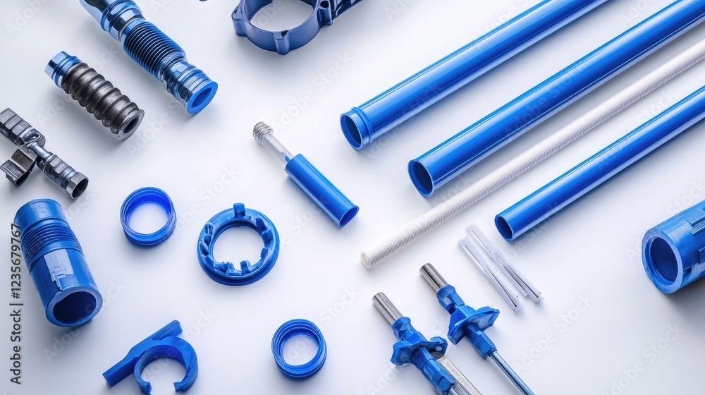 Poster a plumber in action, assembling blue pvc pipes with t-connectors and essential tools like glue on a 