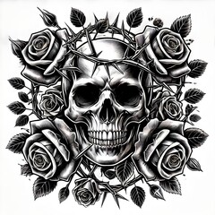 Stylized skull surrounded by roses and thorns, made in black and white