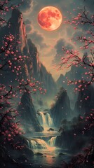 Fototapeta premium Traditional purple mountains pink cherry blossom tree illustration poster background