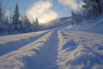 Snowy pathway through winter forest at sunrise