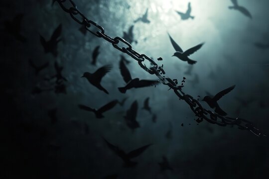 Modern Slavery Awareness Concept Showing Chains Breaking into Freedom Symbolism