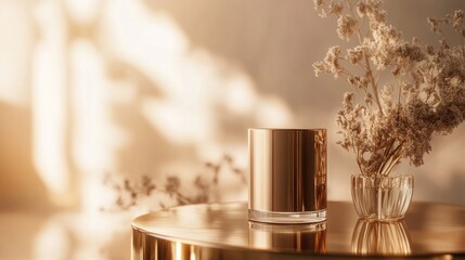 A premium product displayed on a golden pedestal with a polished surface, set against a soft-focus, neutral background to enhance the luxurious presentation