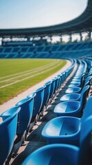 Obraz premium Blue Stadium Seats with Green Grass and Clear Sky Perspective