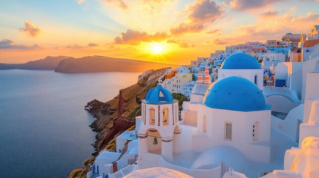 Stunning sunset illuminating the white buildings and blue domes of oia, santorini, greece