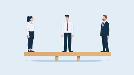 Fototapeta premium Three business professionals stand on a seesaw, symbolizing balance, teamwork, and negotiation in the workplace.