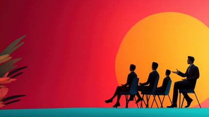 Fototapeta premium A silhouette of four figures sitting in chairs, with one gesturing, against a vibrant sunset background, conveying a sense of discussion or presentation.