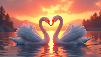 Naklejka premium Two swans making a heart shape, Sunset landscape, Generative AI Digital Illustration