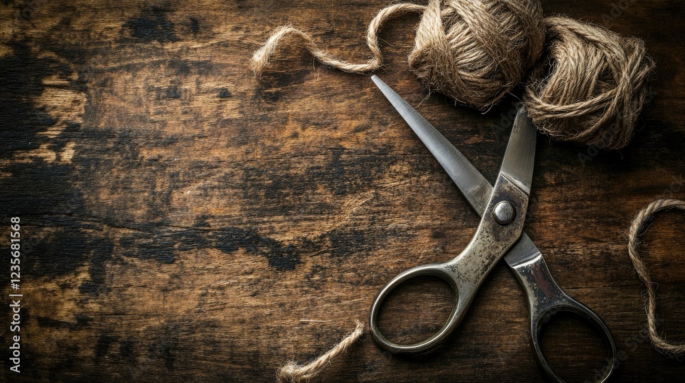 Poster A simple yet elegant arrangement of scissors and twine on textured wood, with soft natural lighting providing a warm and inviting atmosphere