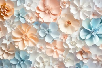Fototapeta premium A seamless botanical pattern created from 3D-rendered paper flowers in soft hues, perfect for modern wedding decor.