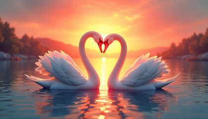 Fototapeta premium Two swans making a heart shape, Sunset landscape, Generative AI Digital Illustration