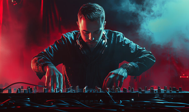 High-energy dj performance at nightclub in urban setting engaging audience with dance music vibes