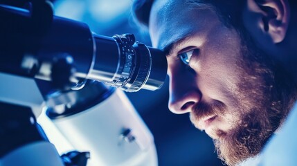A focused individual examining a sample through a microscope in a lab setting.