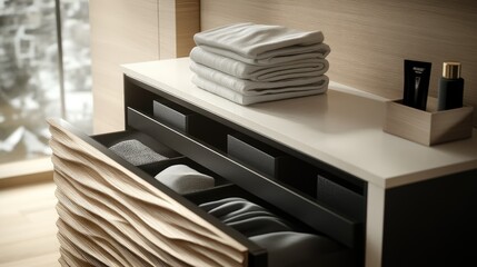 A sleek, modern chest of drawers with a textured design, featuring neatly folded clothing and small storage boxes, creating a minimalist and organized atmosphere
