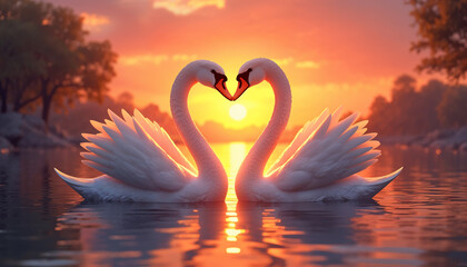 Fototapeta premium Two swans making a heart shape, Sunset landscape, Generative AI Digital Illustration