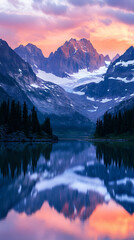 Serene Mountainous Sunrise Reflecting Off Tranquil Lake with Pine Trees and Snow-Capped Peaks