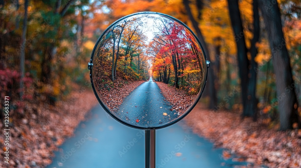Poster a spherical mirror mounted on a pole reflects a peaceful autumn road, surrounded by trees with color
