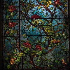 A stained glass window design featuring bramble vines.