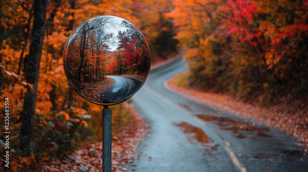 Poster a spherical mirror mounted on a pole reflects a winding road surrounded by brilliant autumn foliage,