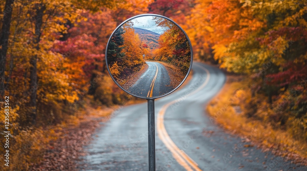 Poster a spherical mirror mounted on a pole reflects a winding road surrounded by brilliant autumn foliage,