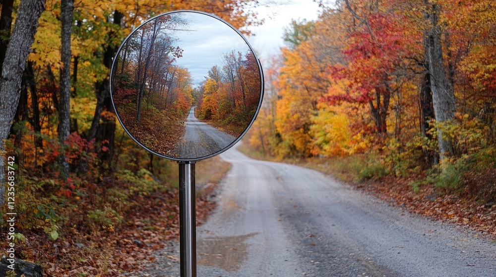 Poster a spherical mirror mounted on a pole reflects a peaceful autumn road, surrounded by trees with color