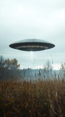 Fototapeta premium Dramatic UFO Hovering Over a Foggy Field in a Mysterious Setting