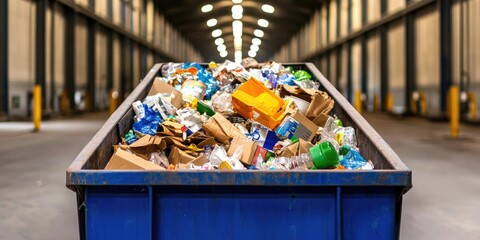 A blue dumpster overflowing with various types of waste, including cardboard and plastic, in a spacious indoor facility.