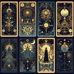 Obraz premium Collection of ornate tarot cards depicting mystical symbols and figures in dark colors