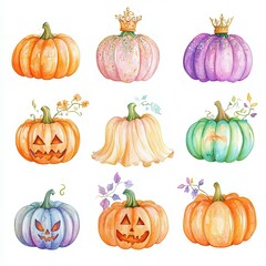 Colorful collection of Halloween pumpkins with unique designs and decorations