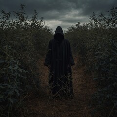 A dark figure standing amidst thorny bramble shadows.