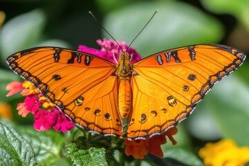 Obraz premium A vibrant butterfly resting on a colorful flower, its detailed wings fully spread.