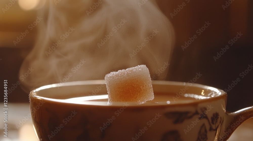 Poster a sugar cube dissolving in a steaming cup of tea, delicate droplets visible on the surface, casting 