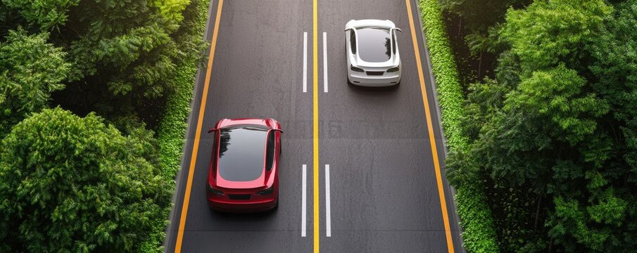 Two cars, one red and one white, travel on a tree-lined road, showcasing a serene, green environment.