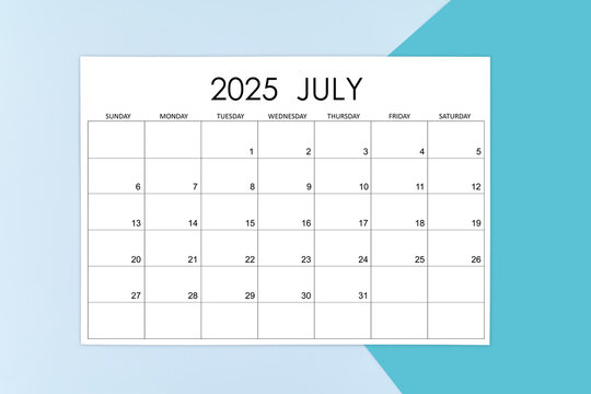 July calendar card for 2025 year on blue background. - Powered by Adobe