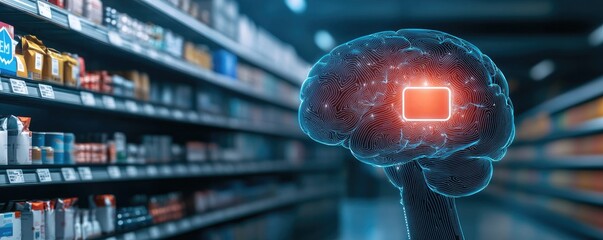 A digital brain overlaying a supermarket aisle symbolizes the intersection of technology and consumer behavior in retail.