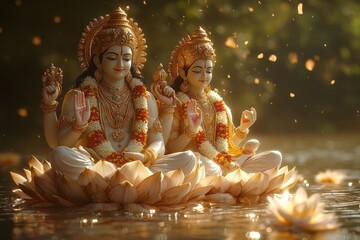 Lakshmi Narayan idols on lotus, water, forest background, spiritual art