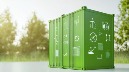 Green storage containers featuring eco-friendly icons in a serene outdoor setting