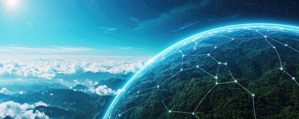 Obraz premium A digital representation of Earth connected by a network, with clouds and a bright sky, symbolizing technology and global connectivity.